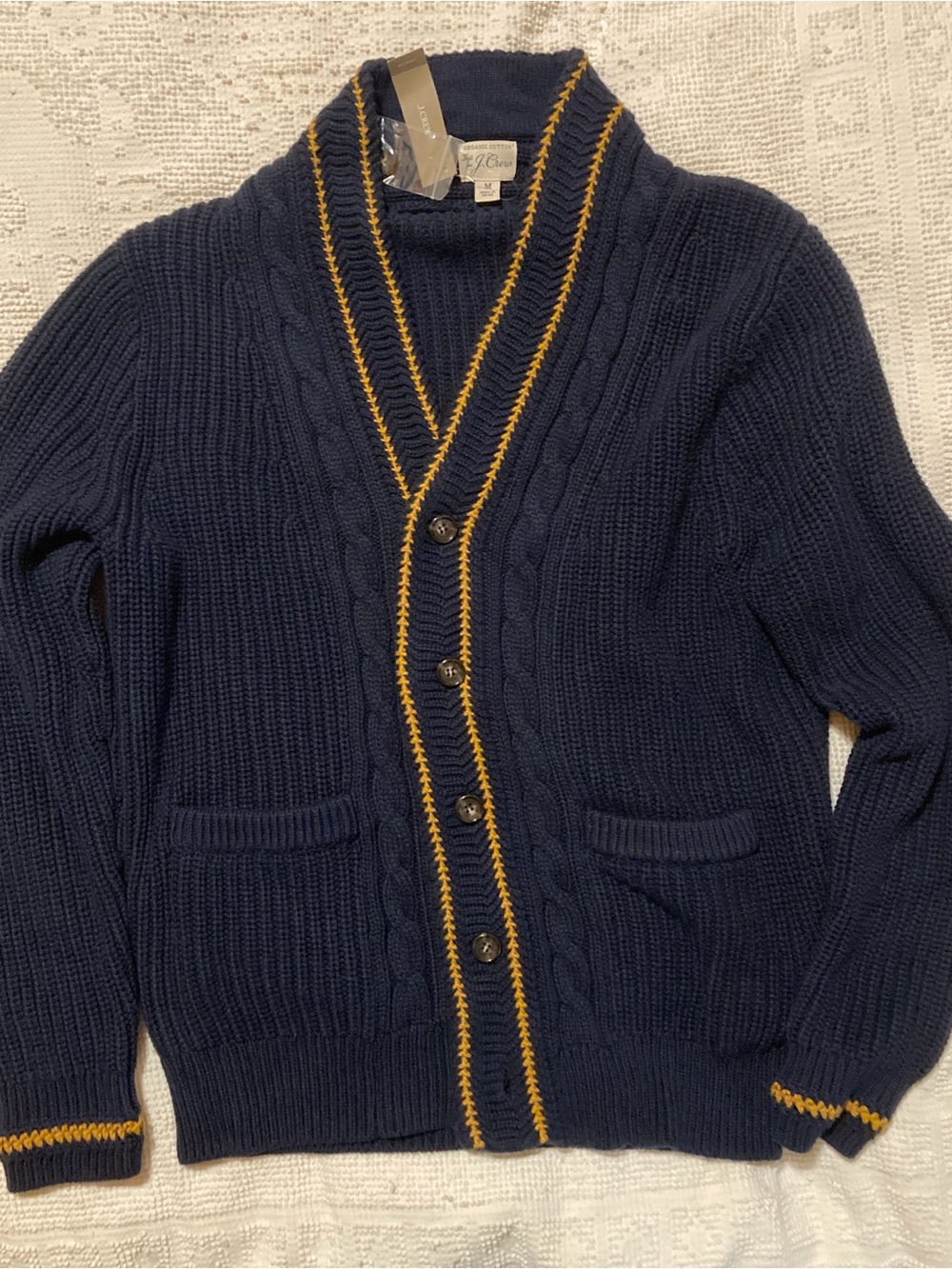 J. Crew Navy Shawl Collar Cardigan with Gold Trim